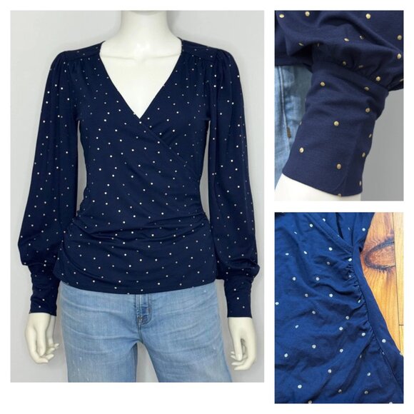 BODEN 14 Navy Blue Gold Dot Cross-Over V-Neck Ruched Blouse Tapered Cuff - Picture 1 of 9
